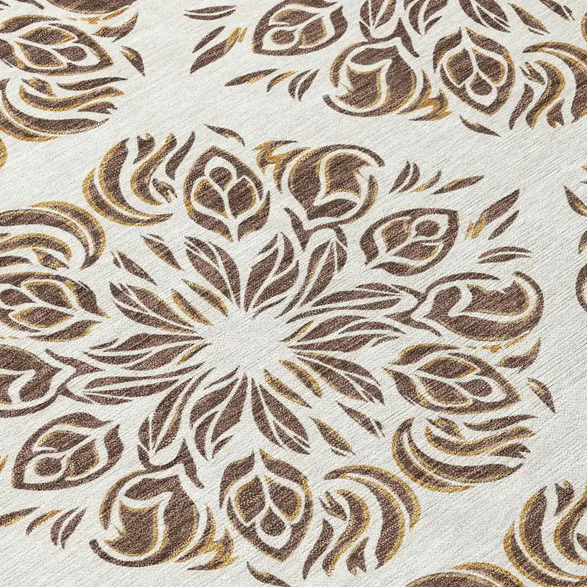 Brown And Ivory Damask Washable Indoor Outdoor Area Rug Photo 2