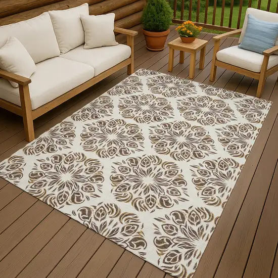 Brown And Ivory Damask Washable Indoor Outdoor Area Rug Photo 3