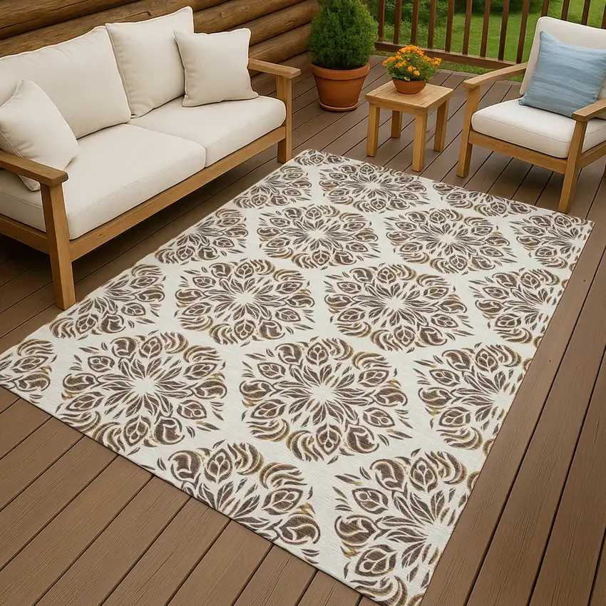 Brown And Ivory Damask Washable Indoor Outdoor Area Rug Photo 3