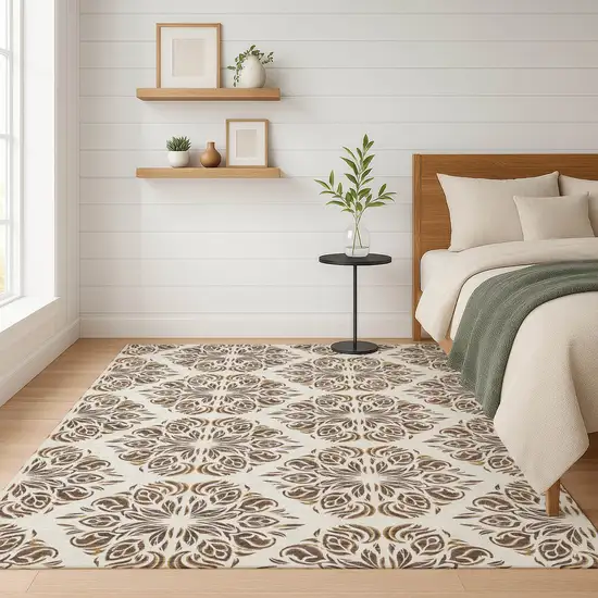 Brown And Ivory Damask Washable Indoor Outdoor Area Rug Photo 5