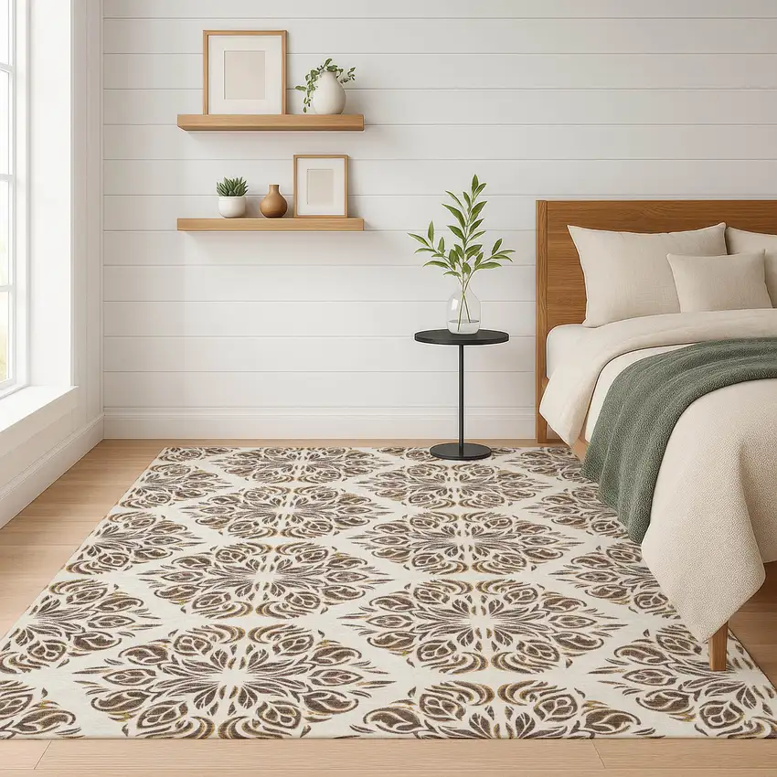 Brown And Ivory Damask Washable Indoor Outdoor Area Rug Photo 5