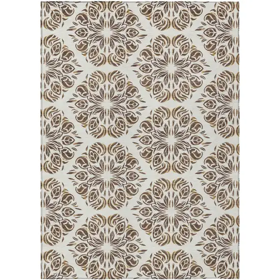 Brown And Ivory Damask Washable Indoor Outdoor Area Rug Photo 1