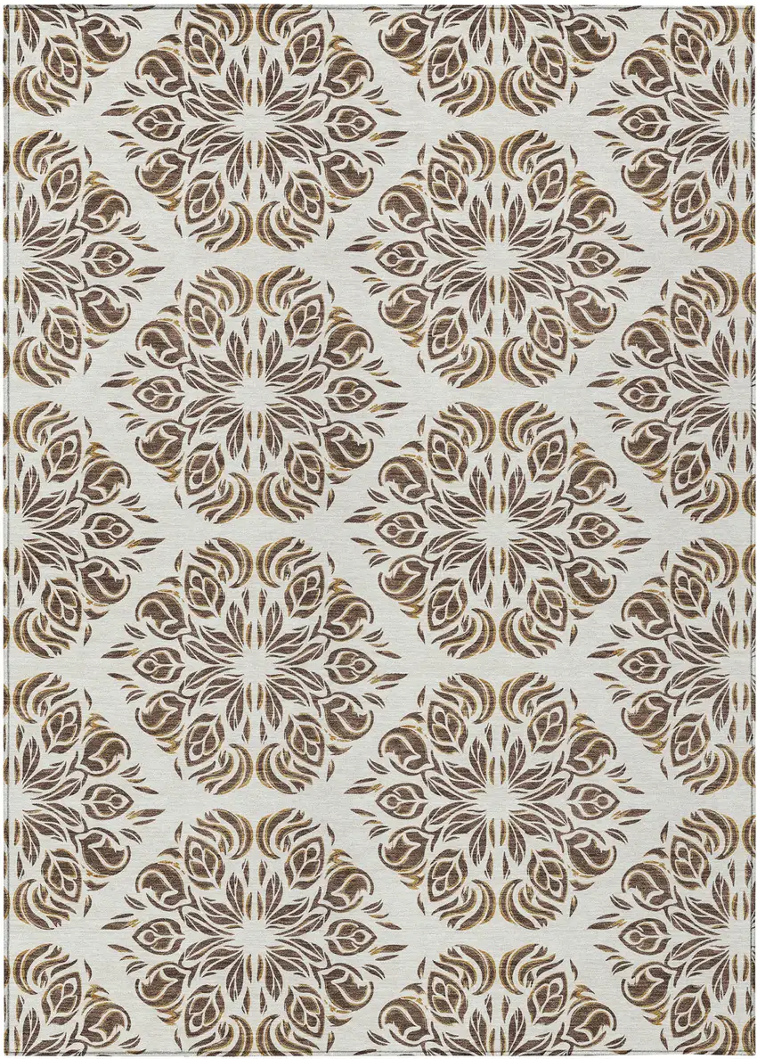 Brown And Ivory Damask Washable Indoor Outdoor Area Rug Photo 1