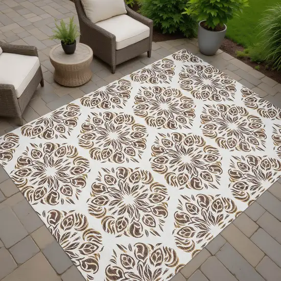 Brown And Ivory Damask Washable Indoor Outdoor Area Rug Photo 6