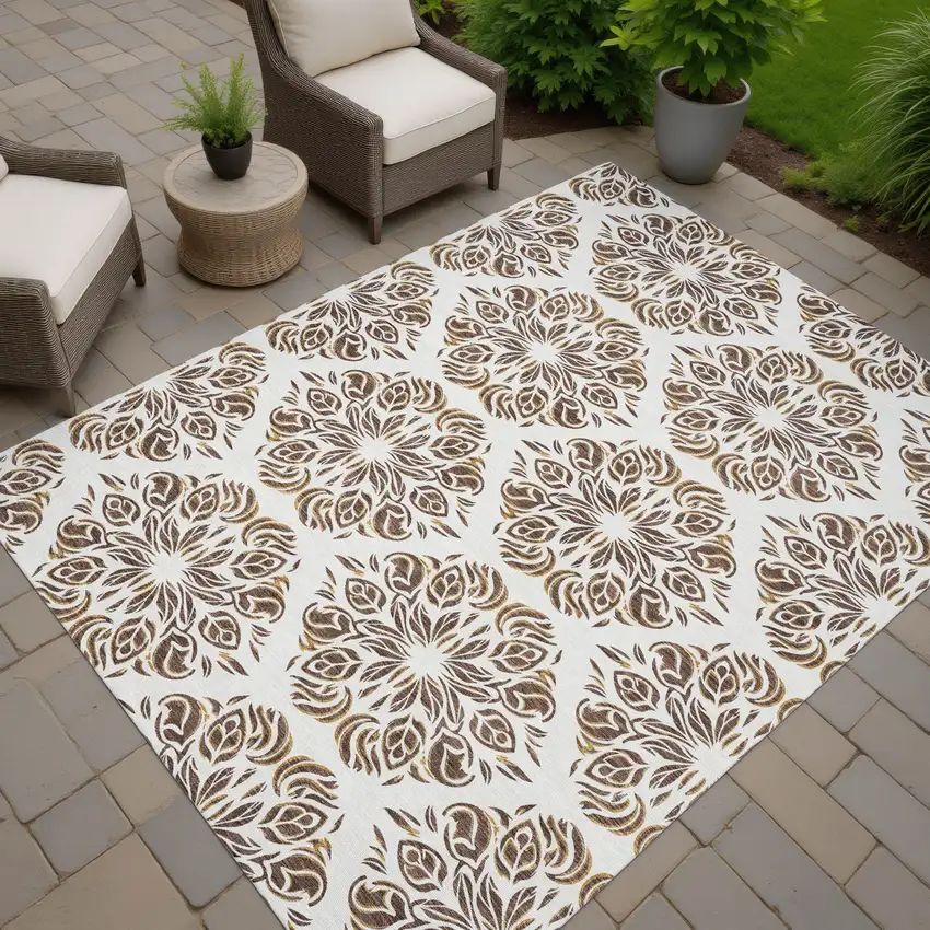 Brown And Ivory Damask Washable Indoor Outdoor Area Rug Photo 6