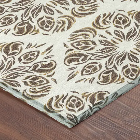 Brown And Ivory Damask Washable Indoor Outdoor Area Rug Photo 7