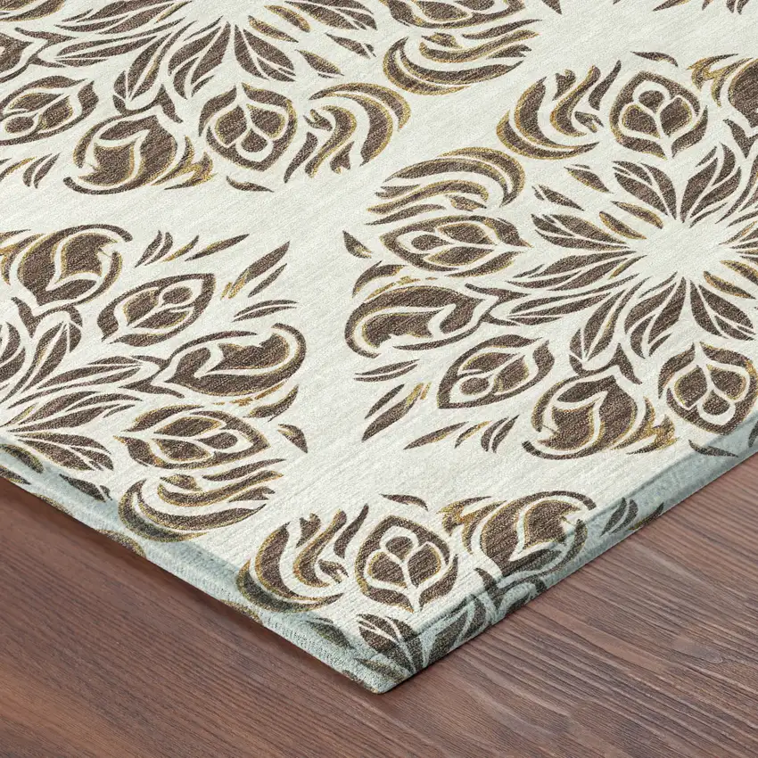 Brown And Ivory Damask Washable Indoor Outdoor Area Rug Photo 7