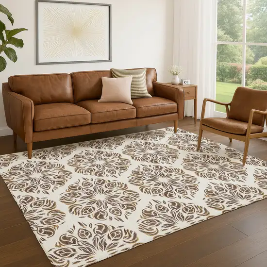 Brown And Ivory Damask Washable Indoor Outdoor Area Rug Photo 4