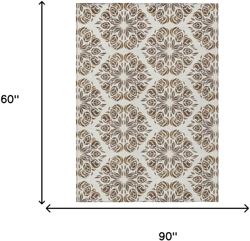 Brown And Ivory Damask Washable Indoor Outdoor Area Rug Photo 8