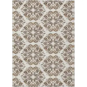 Photo of Brown And Ivory Damask Washable Indoor Outdoor Area Rug