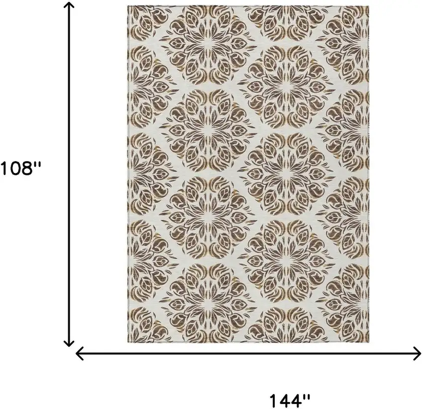 Brown And Ivory Damask Washable Indoor Outdoor Area Rug Photo 8