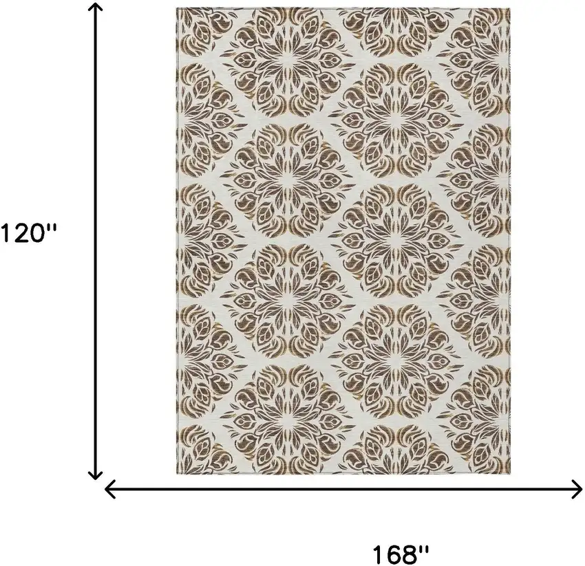 Brown And Ivory Damask Washable Indoor Outdoor Area Rug Photo 8