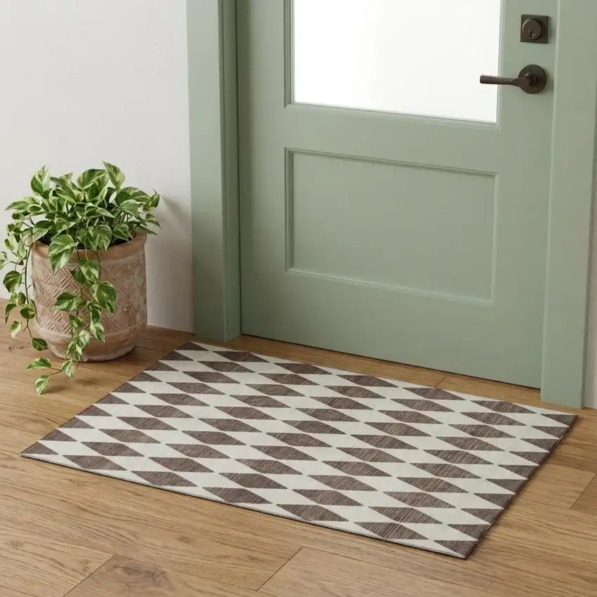 Brown And Ivory Diamond Washable Area Rug With UV Protection Photo 1