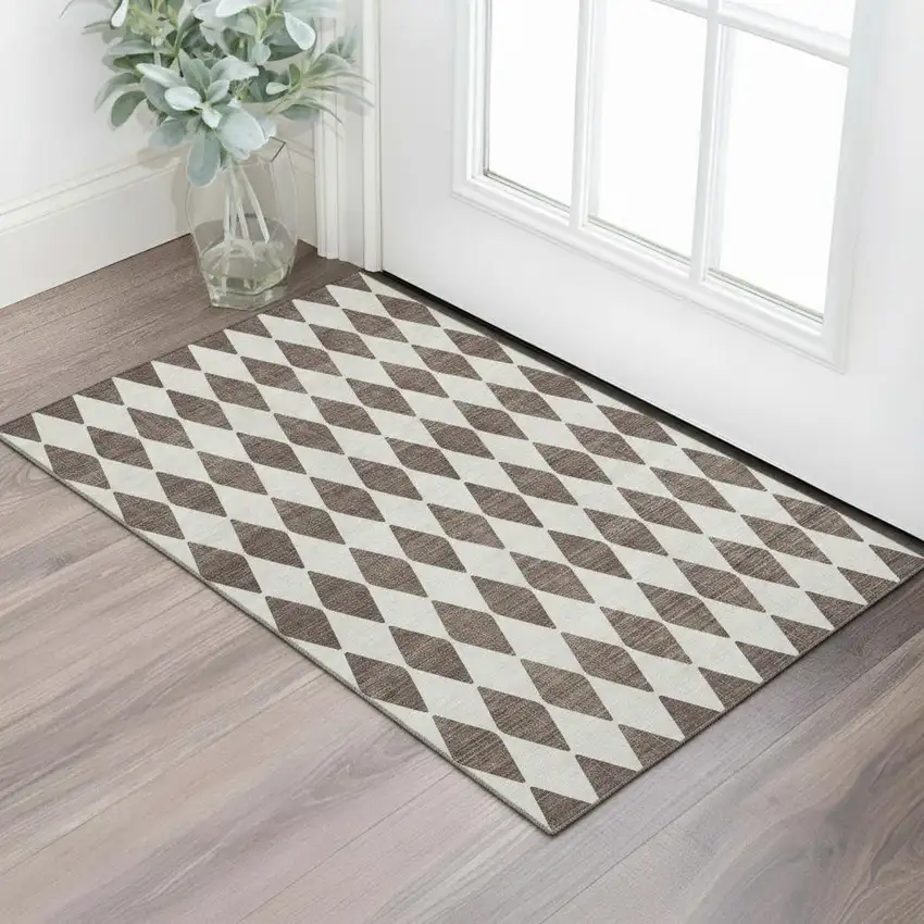 Brown And Ivory Diamond Washable Area Rug With UV Protection Photo 2