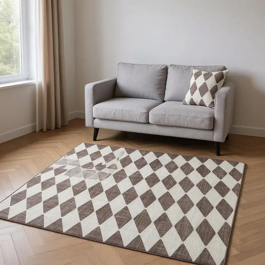 Brown And Ivory Diamond Washable Area Rug With UV Protection Photo 2