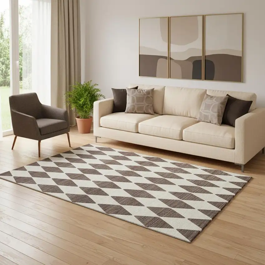 Brown And Ivory Diamond Washable Area Rug With UV Protection Photo 1