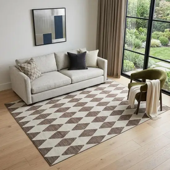 Brown And Ivory Diamond Washable Area Rug With UV Protection Photo 1