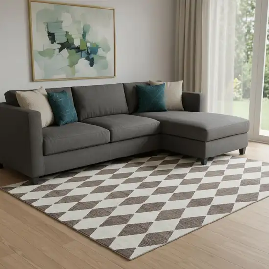 Brown And Ivory Diamond Washable Area Rug With UV Protection Photo 1