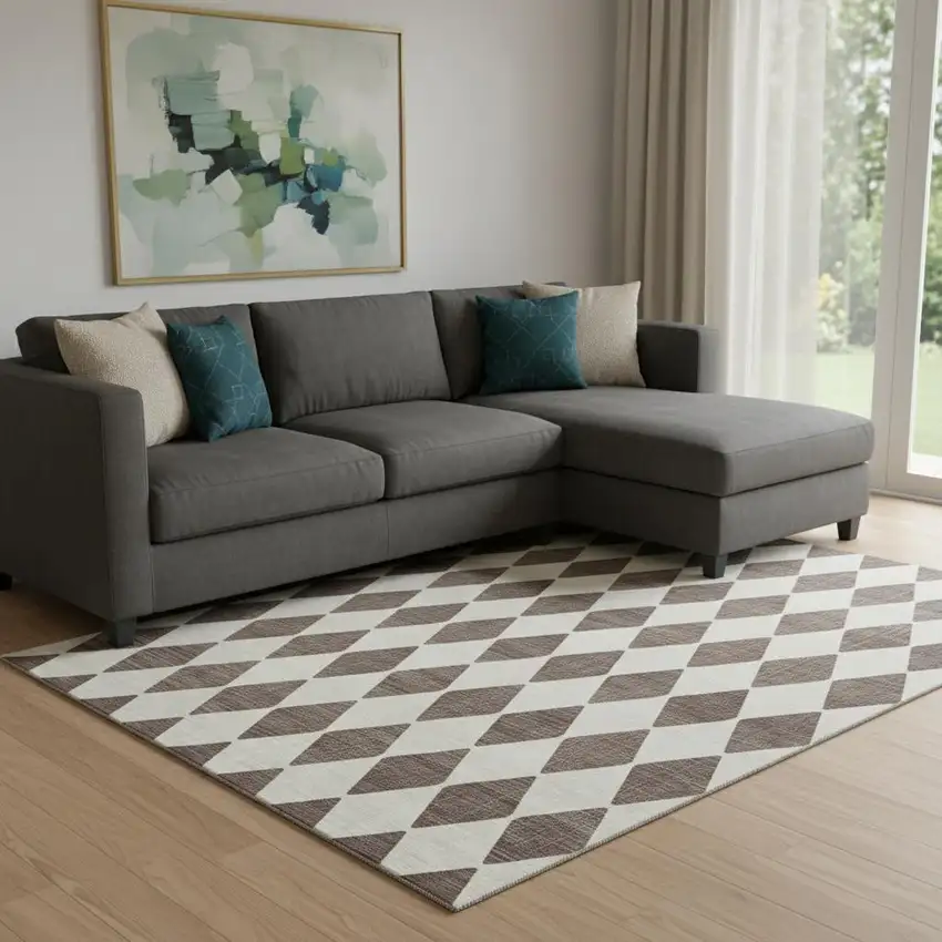 Brown And Ivory Diamond Washable Area Rug With UV Protection Photo 1