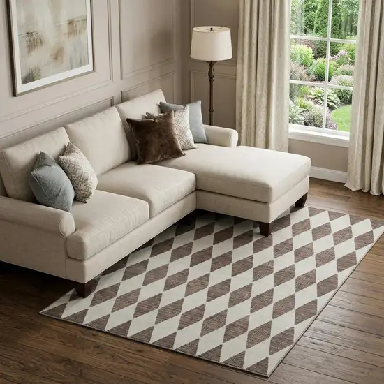 Brown And Ivory Diamond Washable Area Rug With UV Protection Photo 1