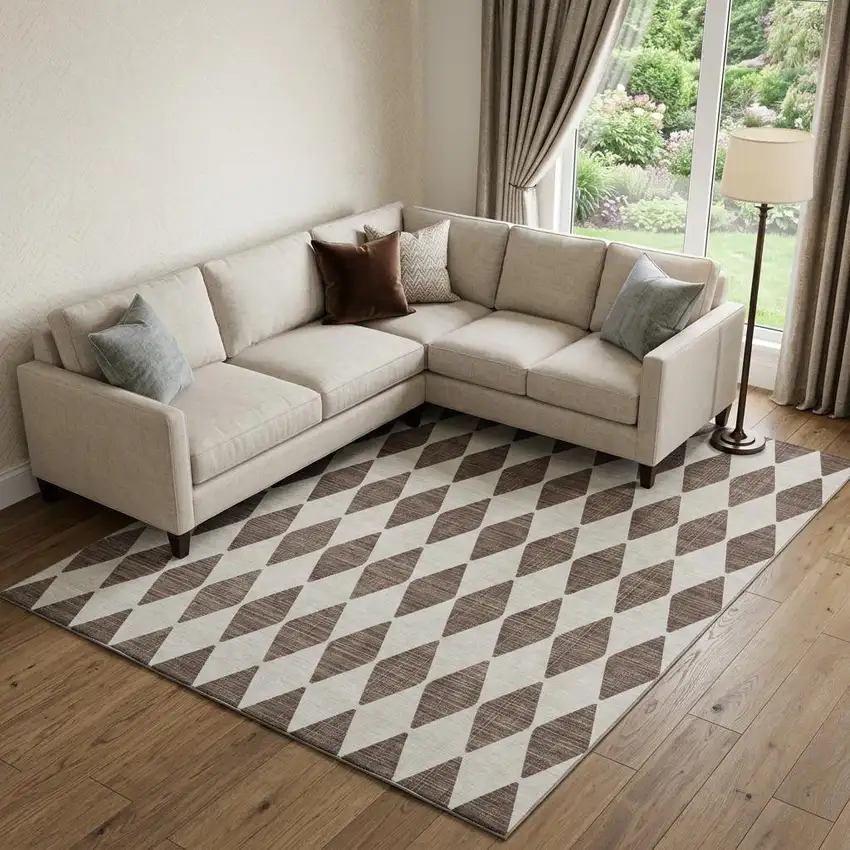 Brown And Ivory Diamond Washable Area Rug With UV Protection Photo 1