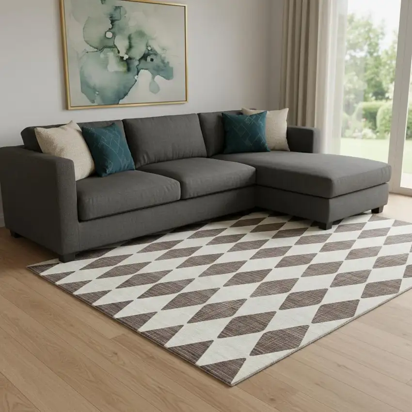 Brown And Ivory Diamond Washable Area Rug With UV Protection Photo 1