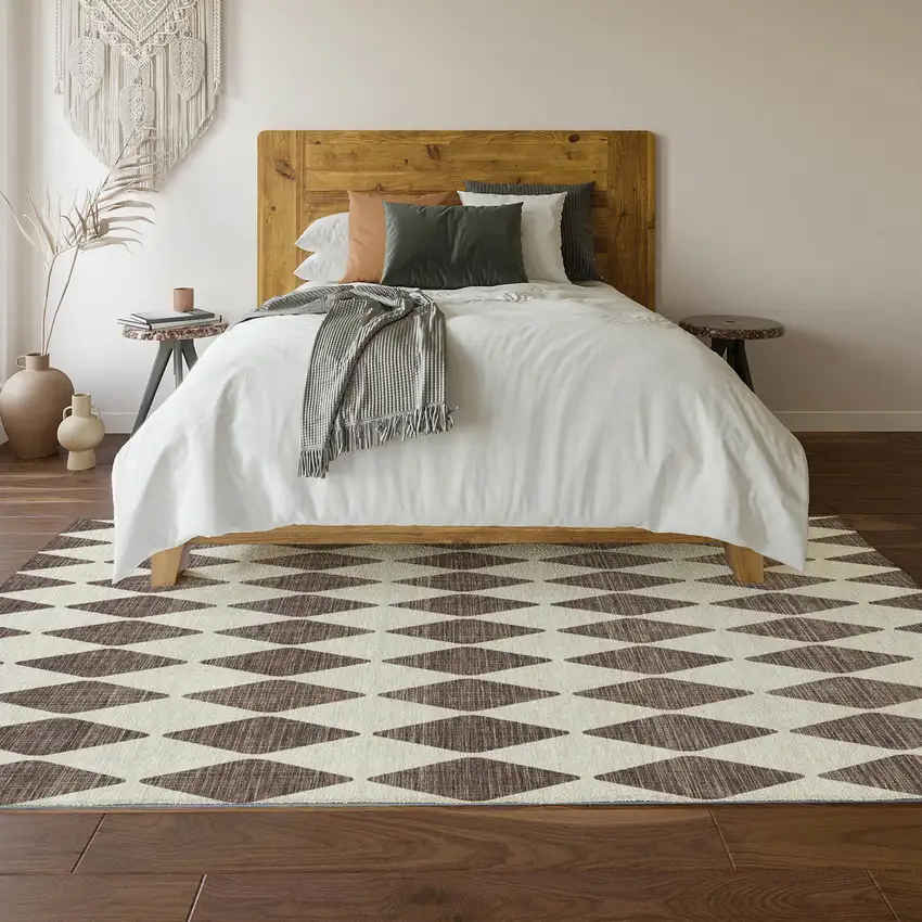 Brown And Ivory Diamond Washable Area Rug With UV Protection Photo 6