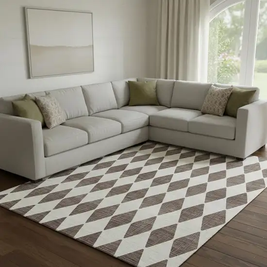 Brown And Ivory Diamond Washable Area Rug With UV Protection Photo 1