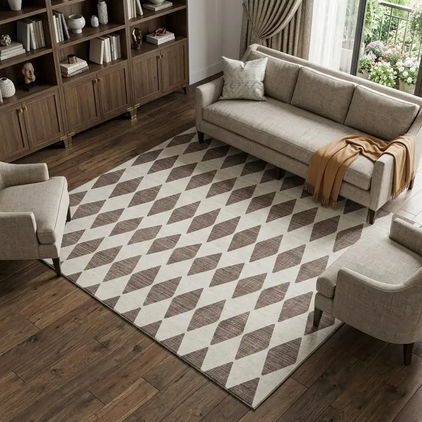 Brown And Ivory Diamond Washable Area Rug With UV Protection Photo 1