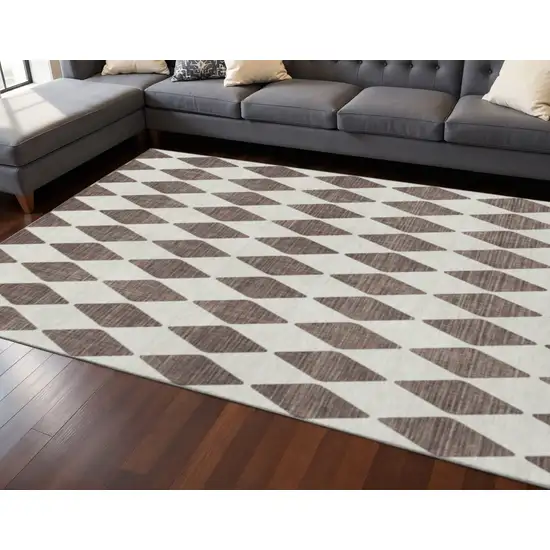 Brown And Ivory Diamond Washable Area Rug With UV Protection Photo 2