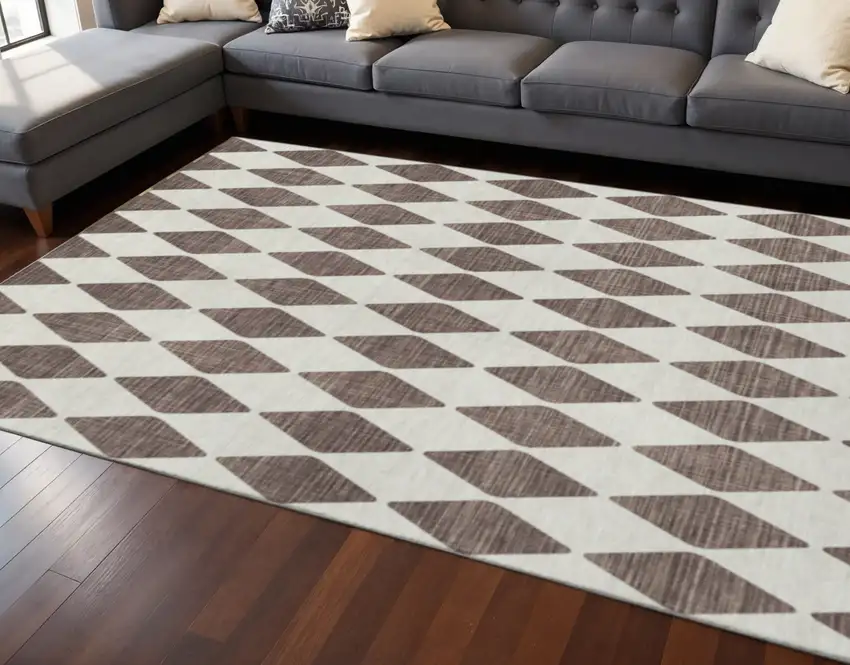 Brown And Ivory Diamond Washable Area Rug With UV Protection Photo 2