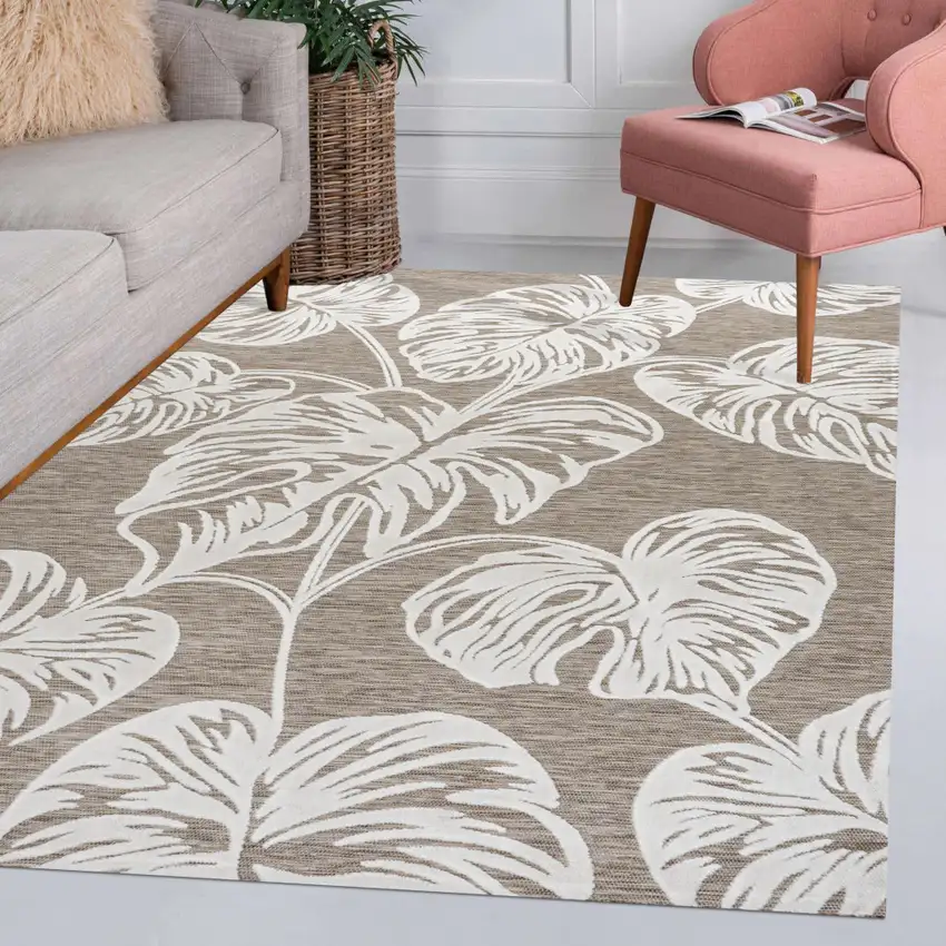 Brown And Ivory Floral Indoor Outdoor Area Rug Photo 9