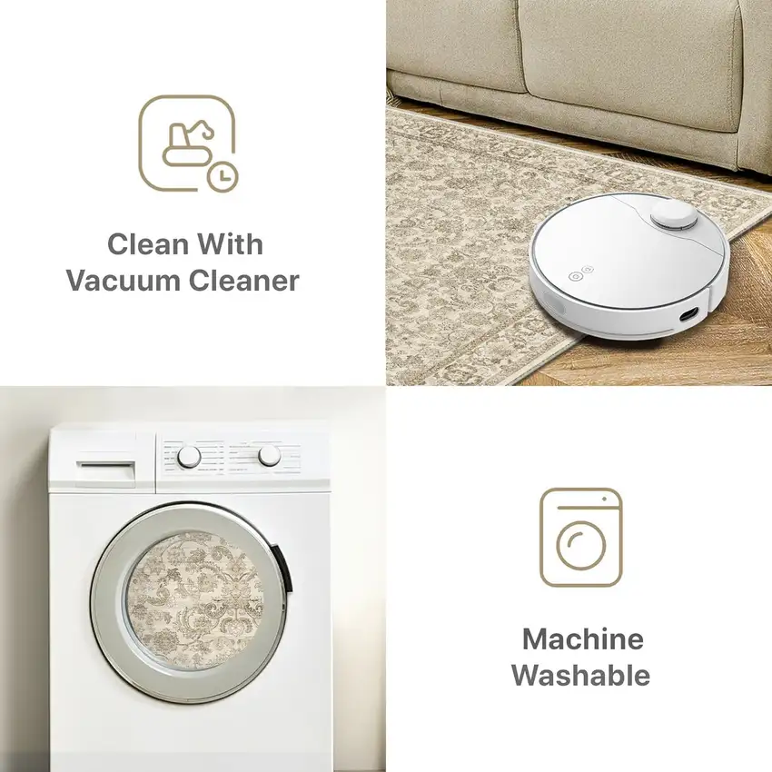 Brown And Ivory Floral Medallion Distressed Washable Area Rug Photo 7