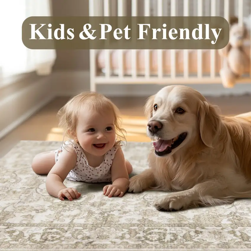 Brown And Ivory Floral Medallion Distressed Washable Area Rug Photo 6