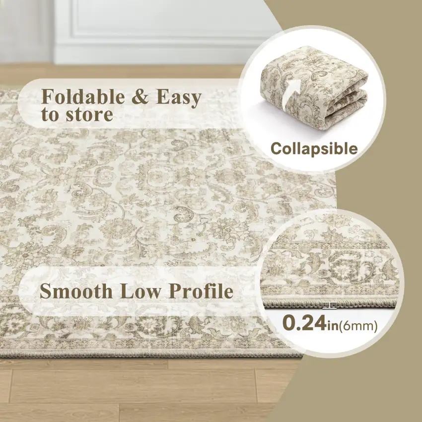 Brown And Ivory Floral Medallion Distressed Washable Area Rug Photo 5