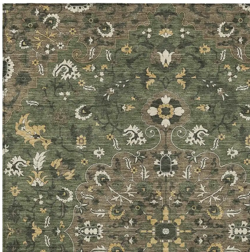 Brown And Ivory Floral Medallion Washable Indoor Outdoor Area Rug Photo 2