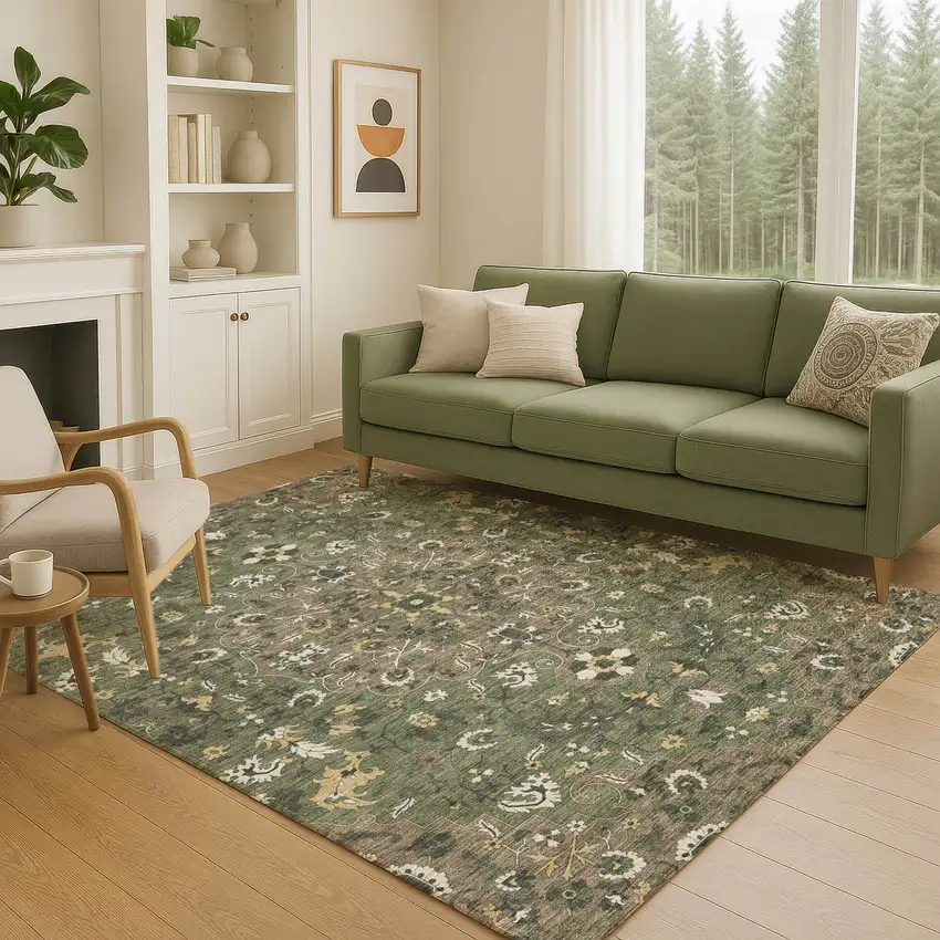 Brown And Ivory Floral Medallion Washable Indoor Outdoor Area Rug Photo 5