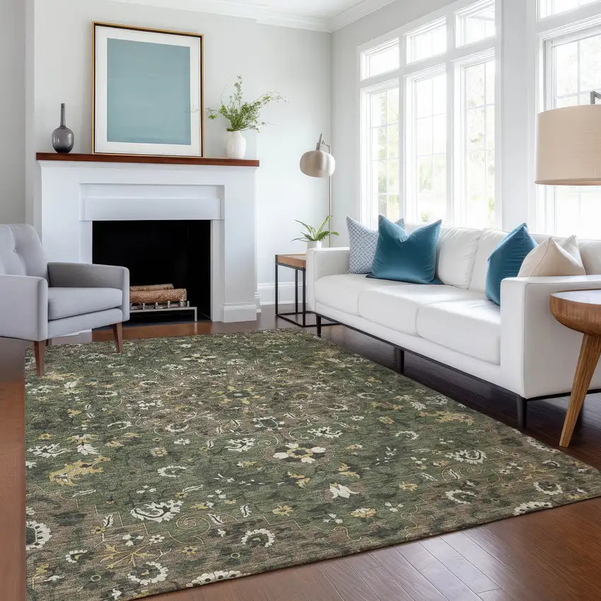 Brown And Ivory Floral Medallion Washable Indoor Outdoor Area Rug Photo 6