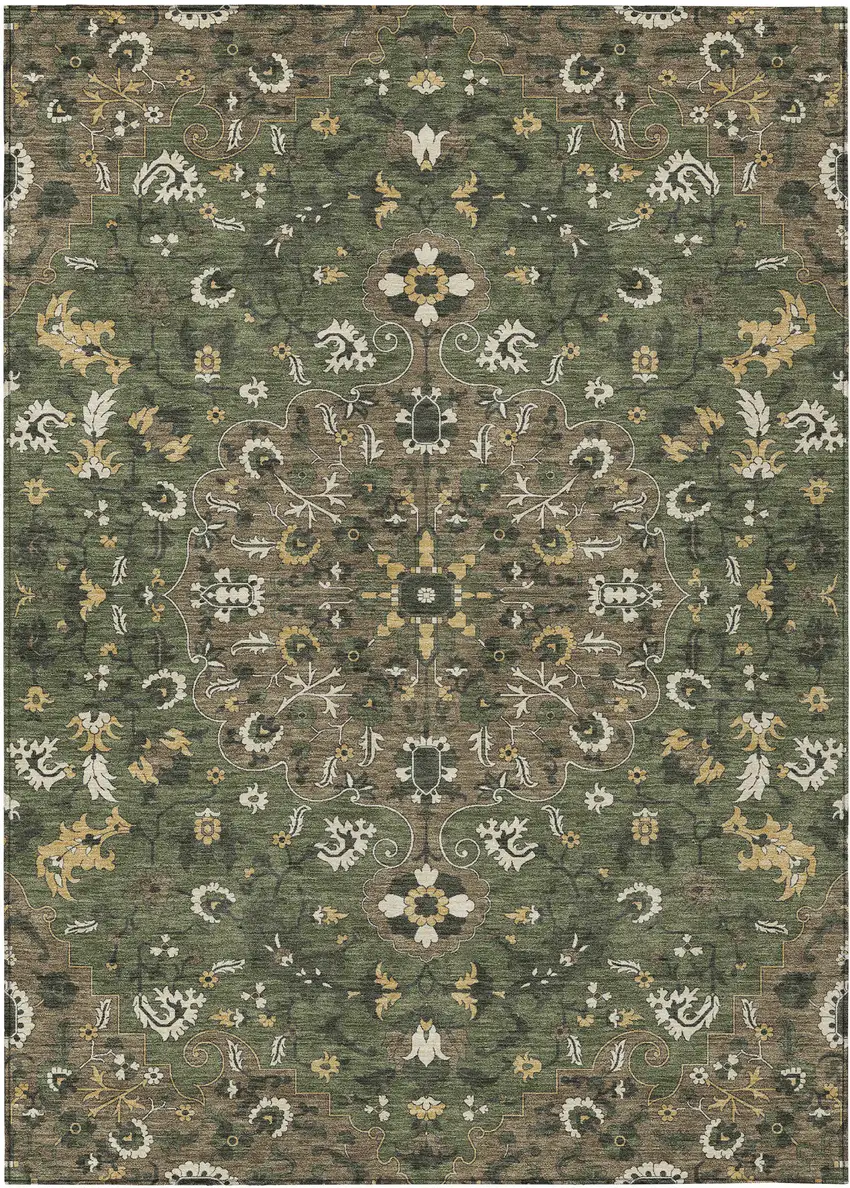 Brown And Ivory Floral Medallion Washable Indoor Outdoor Area Rug Photo 1