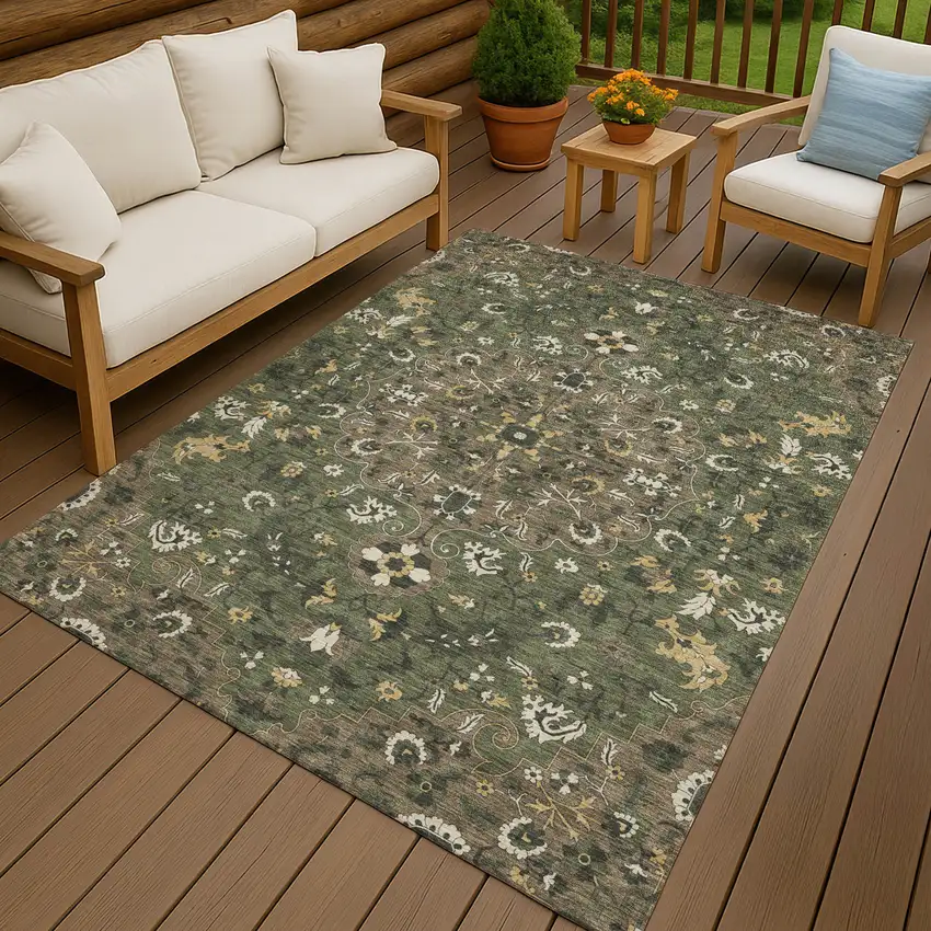 Brown And Ivory Floral Medallion Washable Indoor Outdoor Area Rug Photo 4