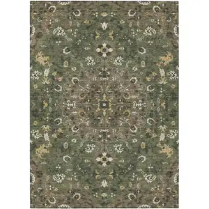 Photo of Brown And Ivory Floral Medallion Washable Indoor Outdoor Area Rug