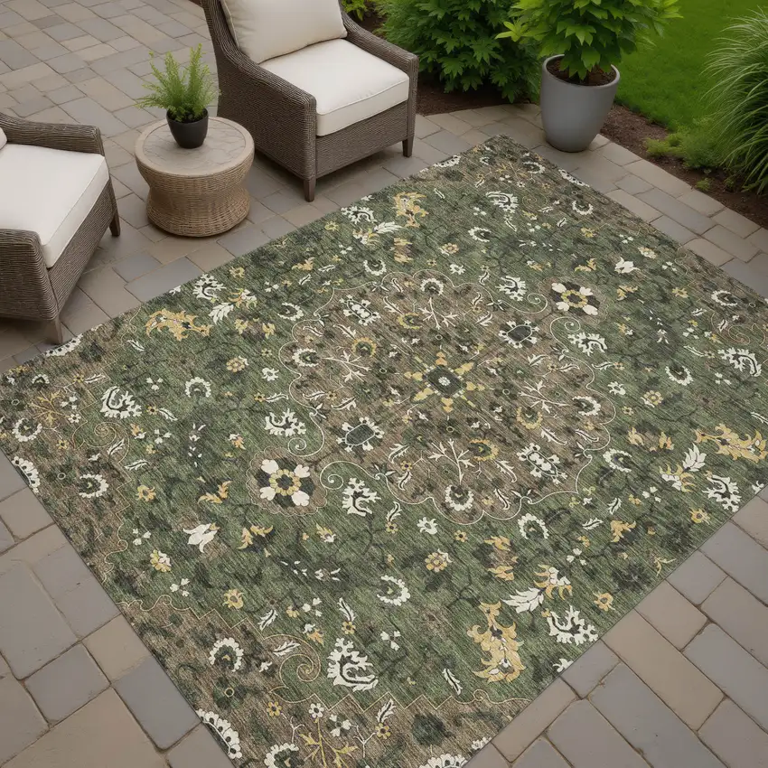 Brown And Ivory Floral Medallion Washable Indoor Outdoor Area Rug Photo 7