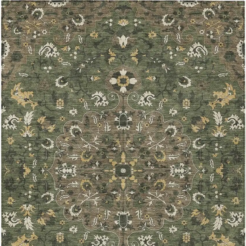Brown And Ivory Floral Medallion Washable Indoor Outdoor Area Rug Photo 3