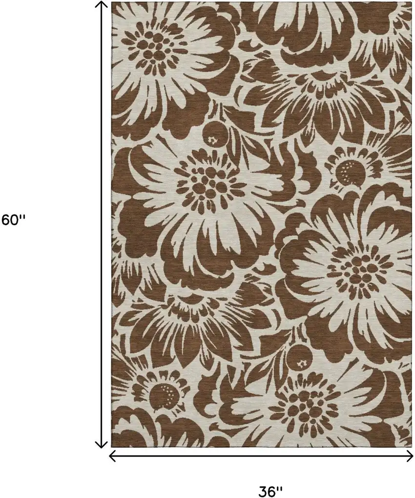Brown And Ivory Floral Washable Area Rug With UV Protection Photo 3