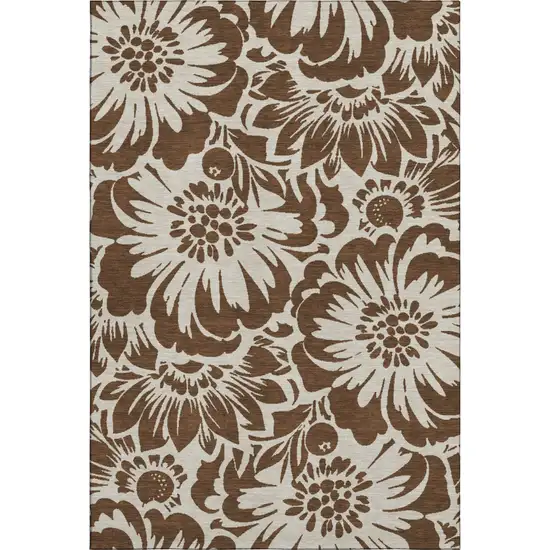 Brown And Ivory Floral Washable Area Rug With UV Protection Photo 1