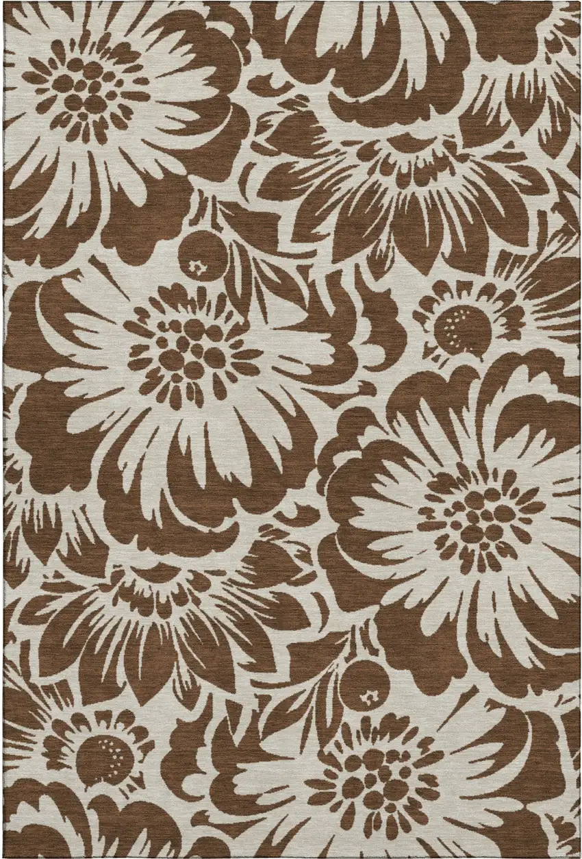 Brown And Ivory Floral Washable Area Rug With UV Protection Photo 1