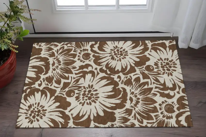 Brown And Ivory Floral Washable Area Rug With UV Protection Photo 2