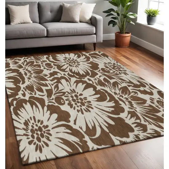 Brown And Ivory Floral Washable Area Rug With UV Protection Photo 2