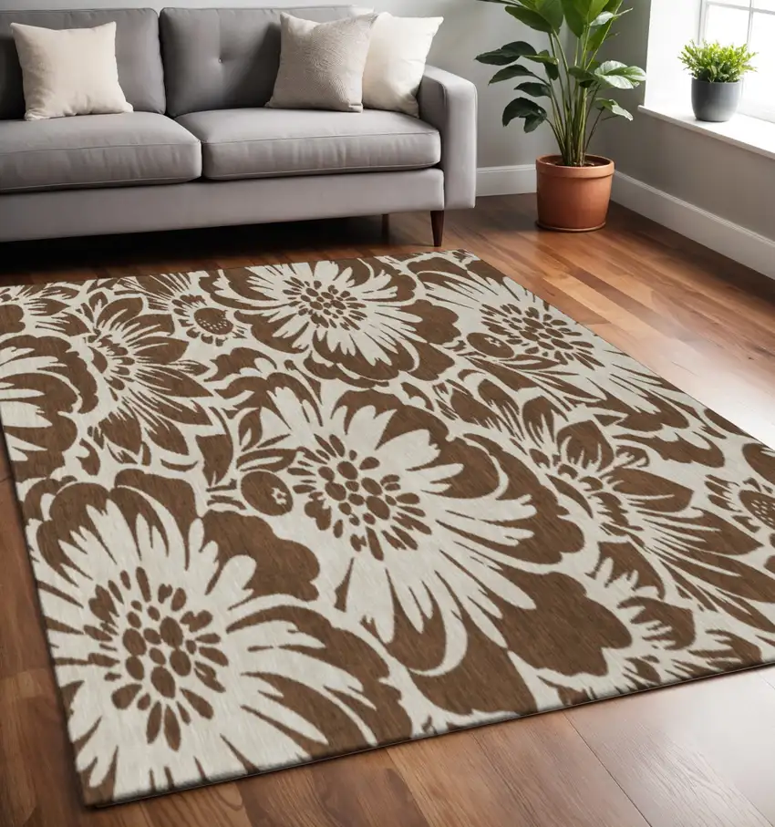 Brown And Ivory Floral Washable Area Rug With UV Protection Photo 2