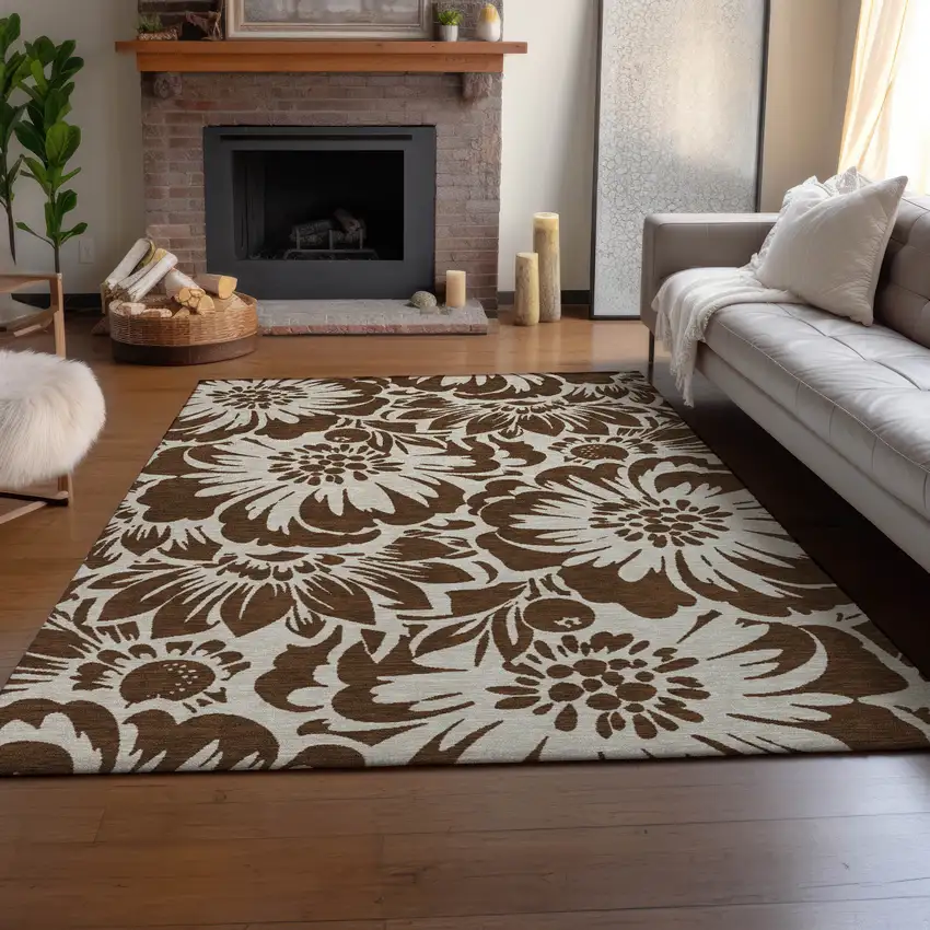 Brown And Ivory Floral Washable Area Rug With UV Protection Photo 6